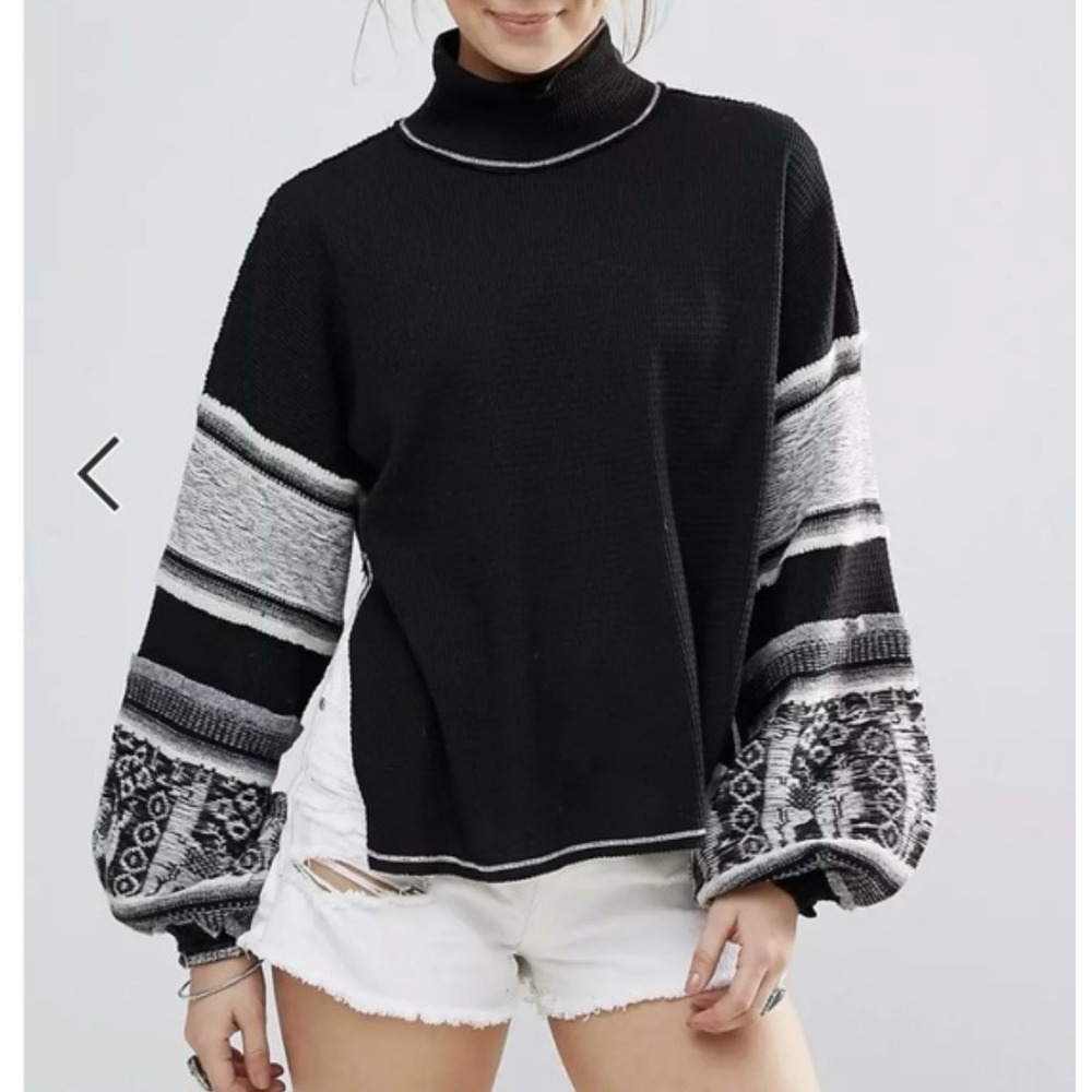 Free People Northern Lights Black Waffle‎ Mock Neck Sweater Wool Sleeves S Boho